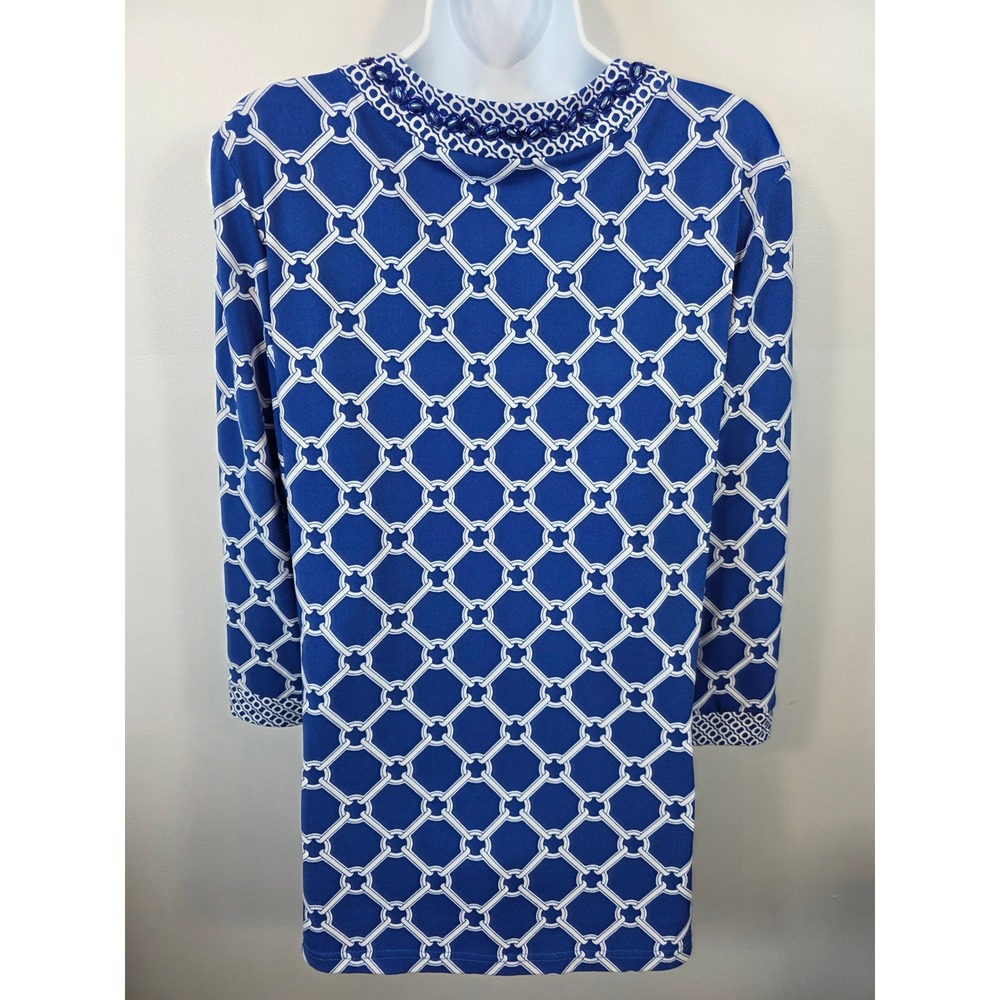 Peck & Peck Women's Size 10 Blue White Geometric Beaded Neckline Tunic Top /B10 - Picture 7 of 9